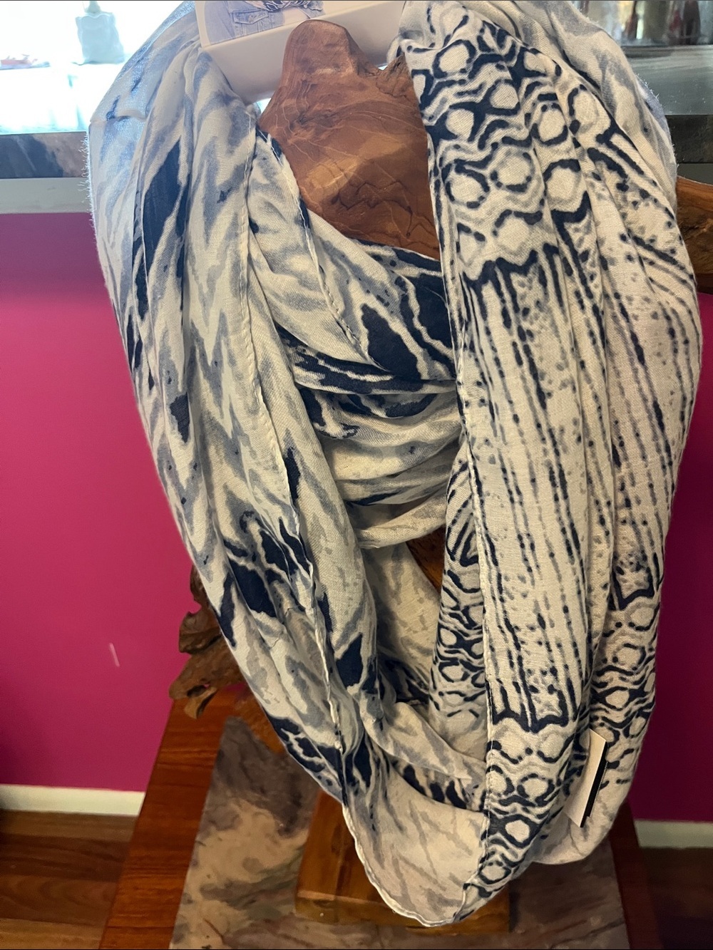 Lightweight Navy and White Patterned Infinity Scarf